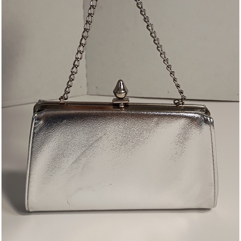 Vtg Metallic Silver Clutch Handbag Kiss Clasp Purse‎ Retro Night Out Sm Handbag
